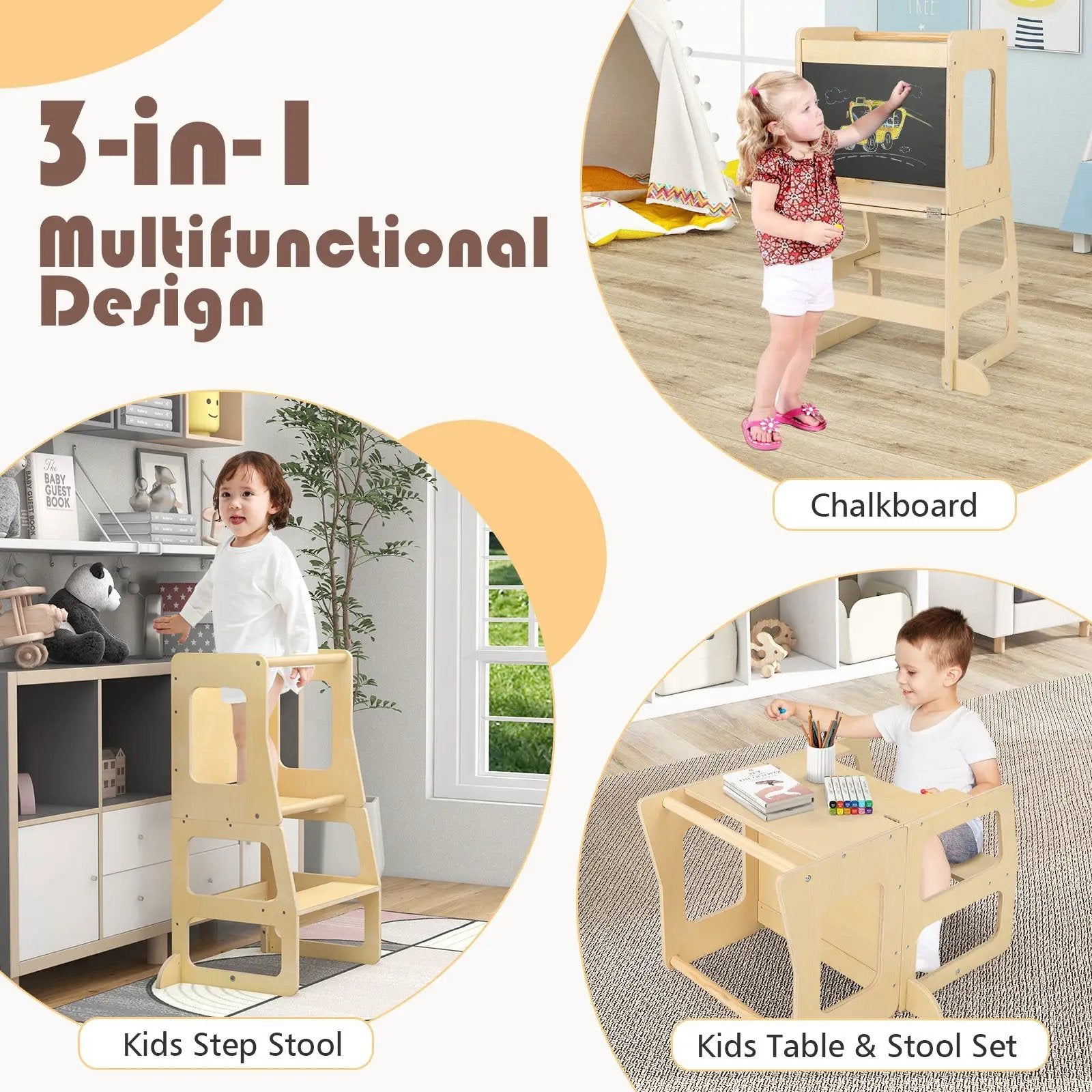 3-in-1 Foldable Kitchen Standing Tower for Toddlers with Chalkboard-Natural by DirectDeals