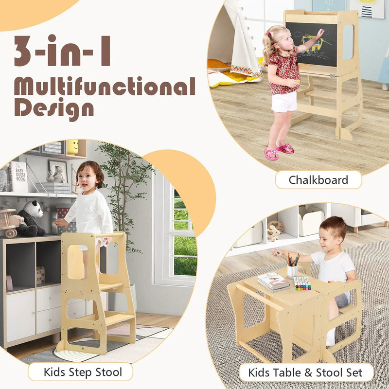 3-in-1 Foldable Kitchen Standing Tower for Toddlers with Chalkboard-Natural by DirectDeals