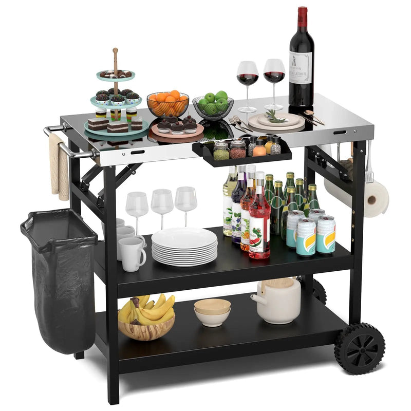 3 Tiers Foldable Outdoor Cart on 2 Wheels with Phone Holder-Black by DirectDeals