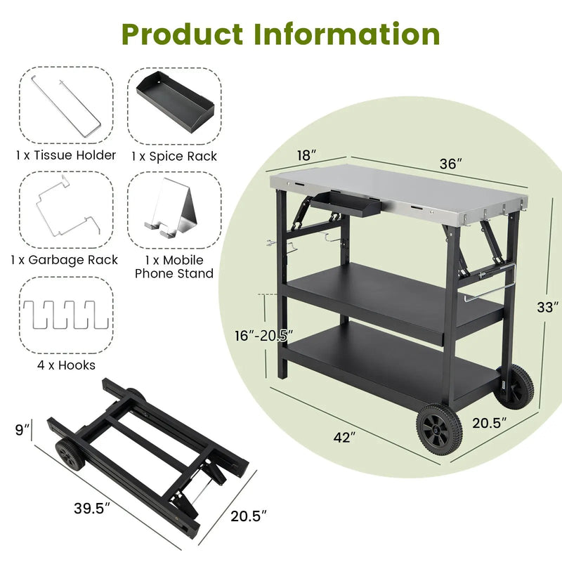 3 Tiers Foldable Outdoor Cart on 2 Wheels with Phone Holder-Black by DirectDeals