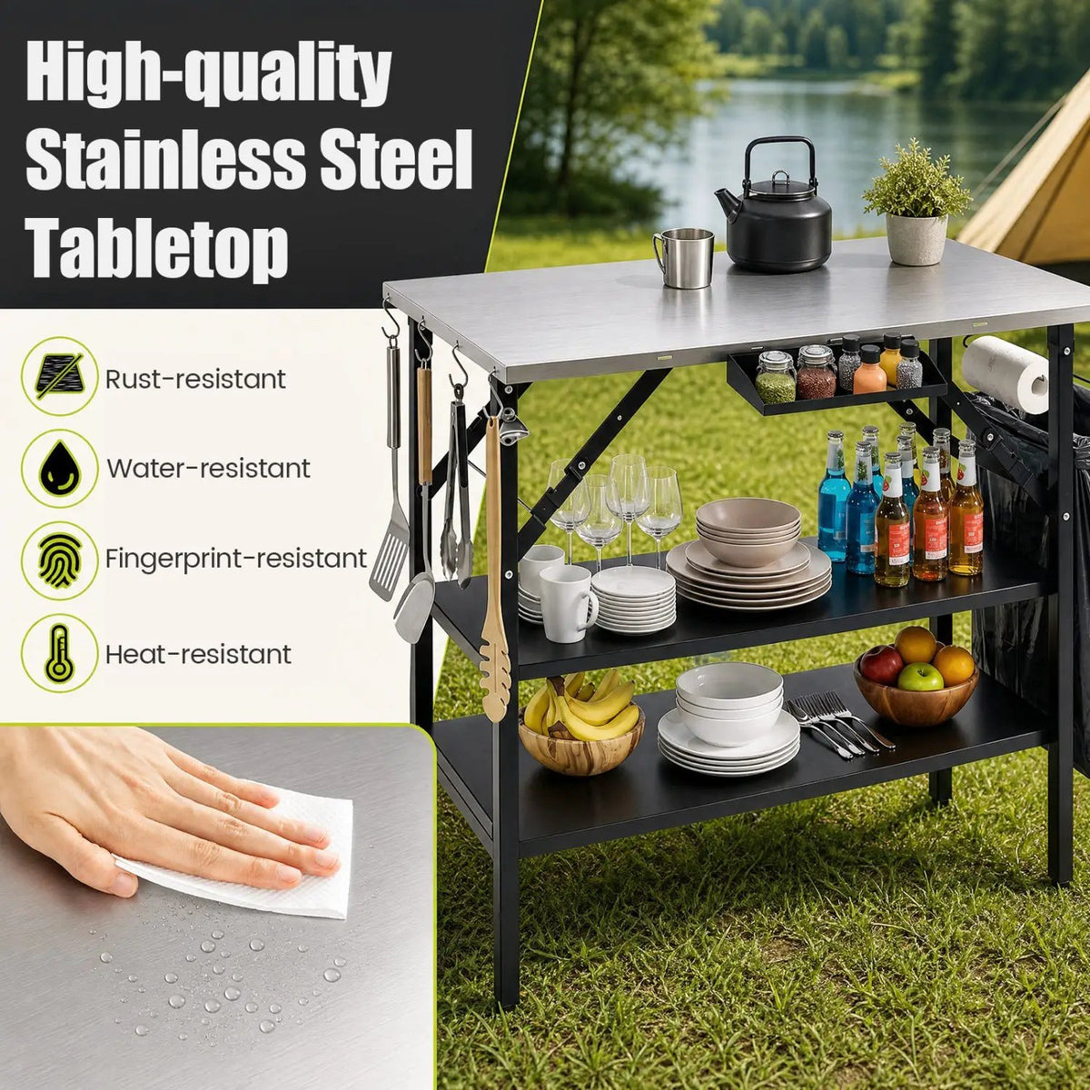 Foldable Outdoor Cook Station with Removable Shelves by DirectDeals