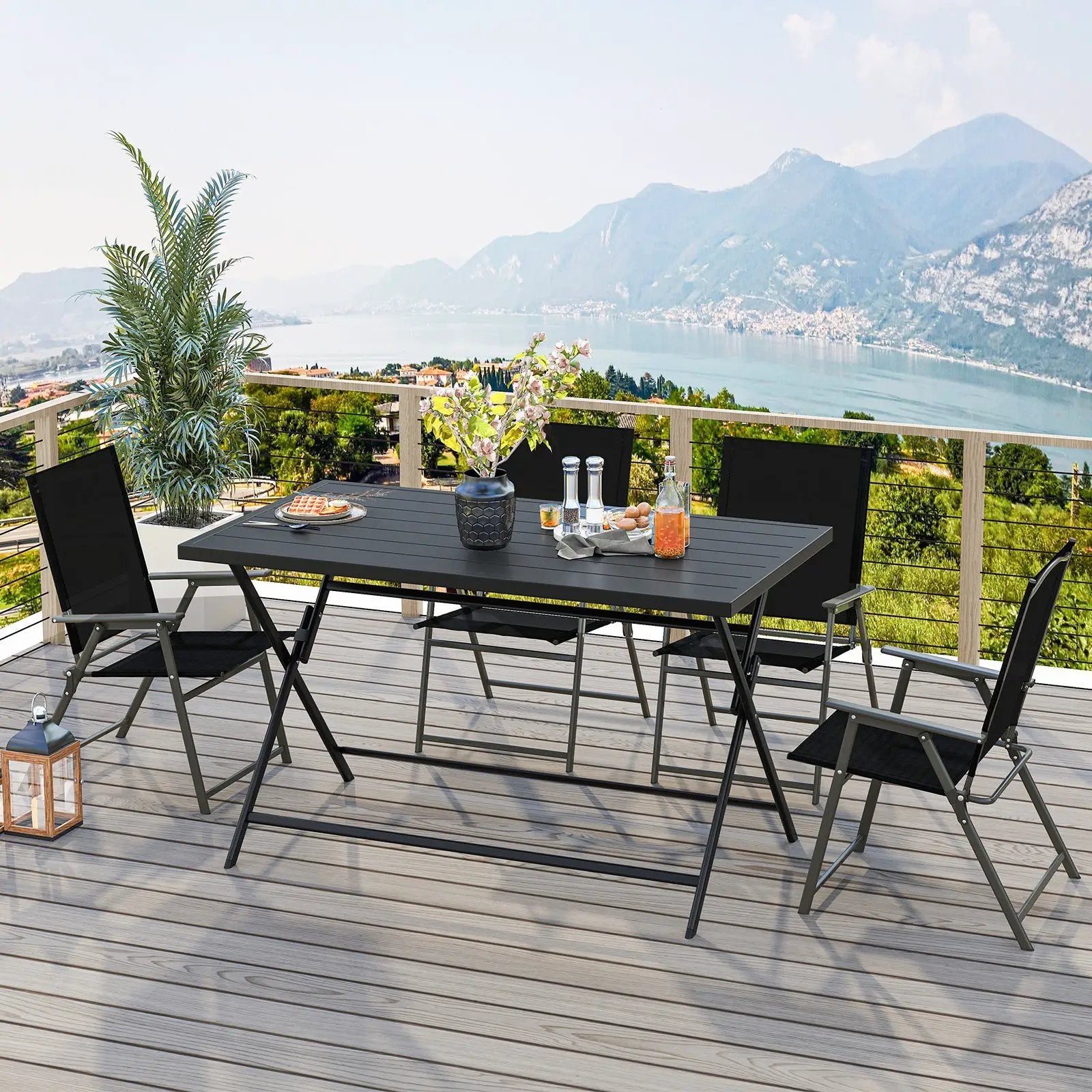 Foldable Outdoor Dining Table 48inch x 30inch Rectangular Metal Patio Table with Slatted Tabletop-Black by DirectDeals