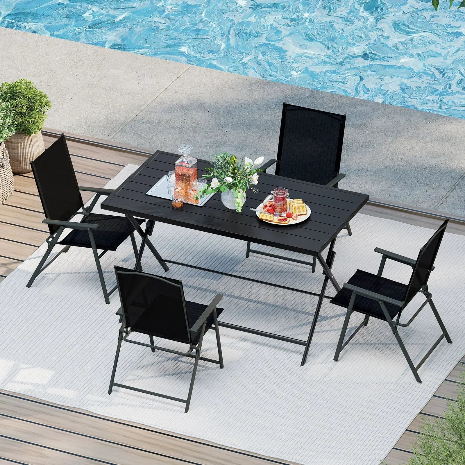 Foldable Outdoor Dining Table 48inch x 30inch Rectangular Metal Patio Table with Slatted Tabletop-Black by DirectDeals