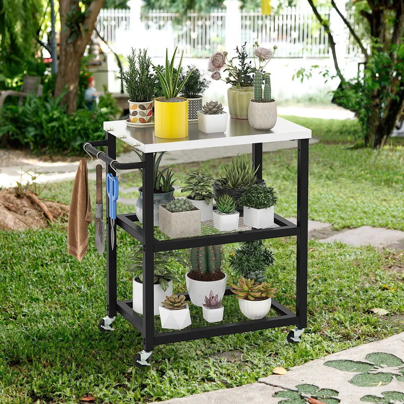 3-Tier Foldable Outdoor Stainless Steel Food Prepare Dining Cart Table on Wheels-Black by DirectDeals