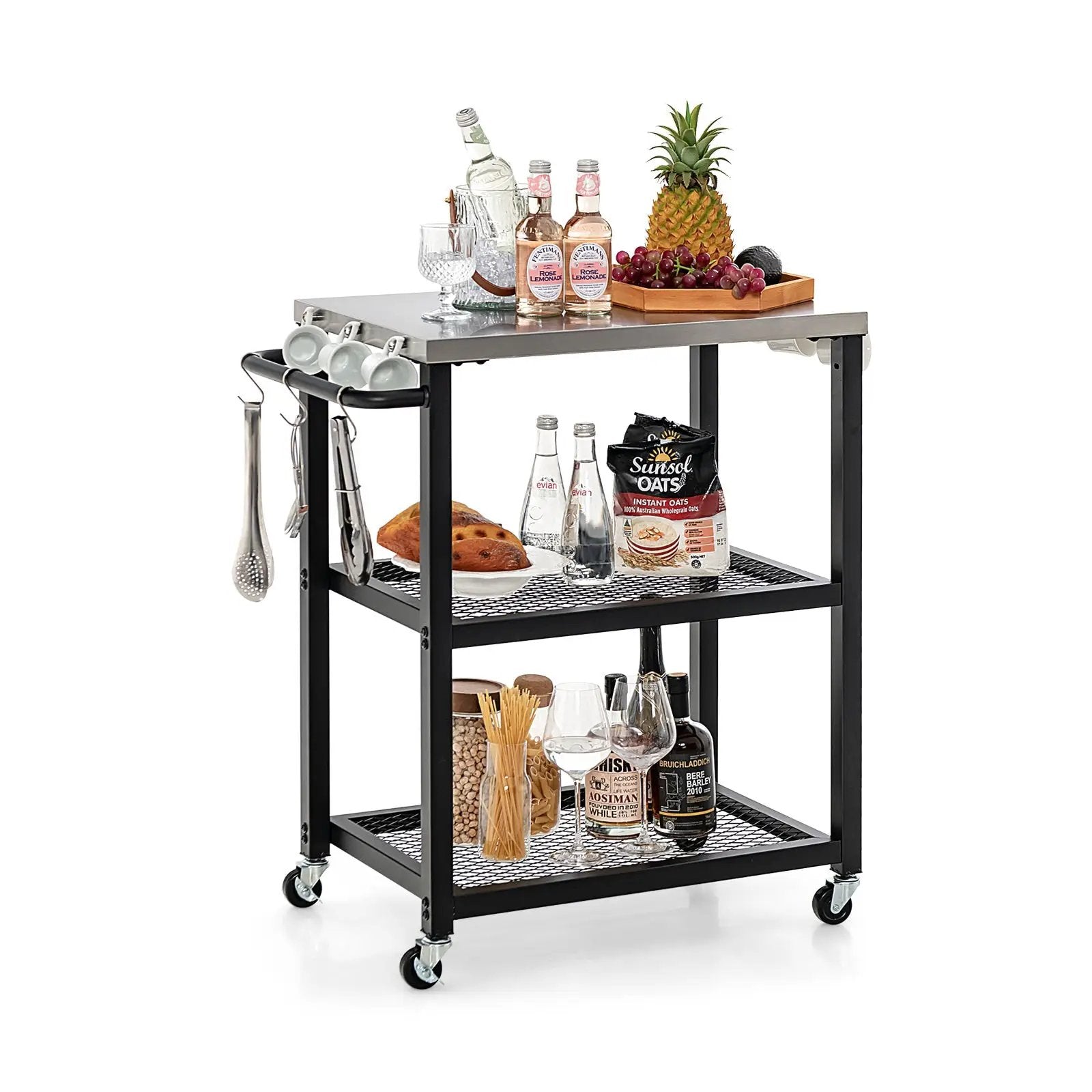 3-Tier Foldable Outdoor Stainless Steel Food Prepare Dining Cart Table on Wheels-Black by DirectDeals