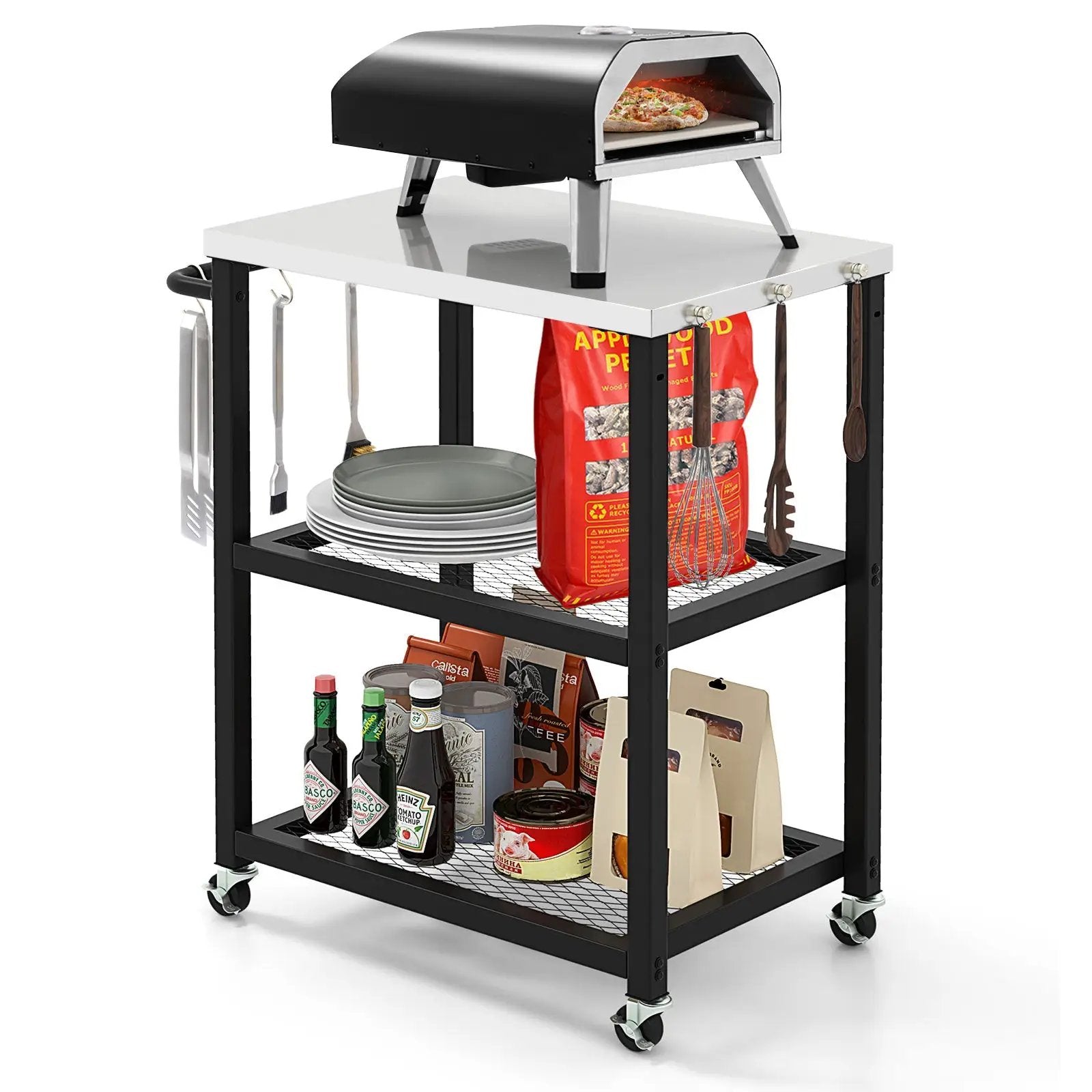 3-Tier Foldable Outdoor Stainless Steel Food Prepare Dining Cart Table on Wheels-Black by DirectDeals