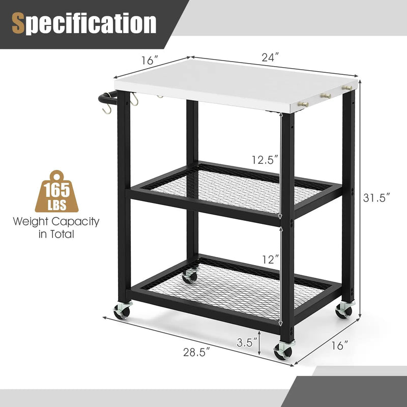 3-Tier Foldable Outdoor Stainless Steel Food Prepare Dining Cart Table on Wheels-Black by DirectDeals