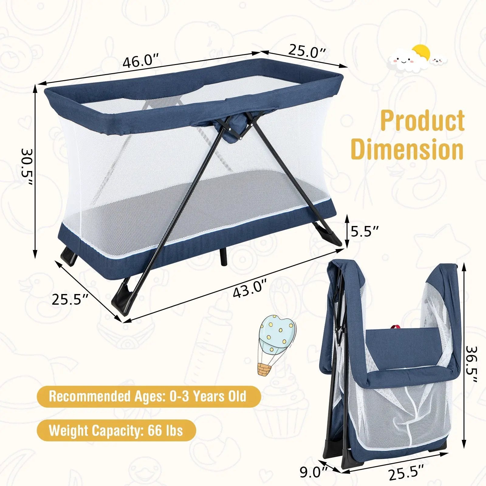 Baby Foldable Playpen with Removable Mattress and Washable Cover by DirectDeals