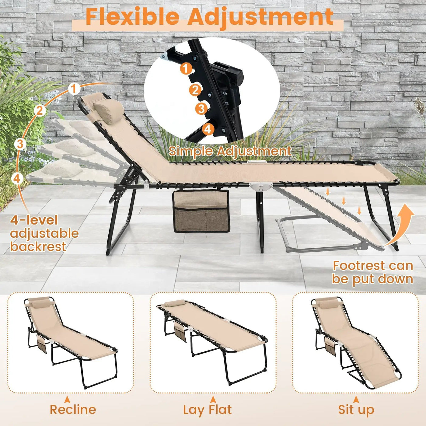 Foldable Recline Lounge Chair with Adjustable Backrest and Footrest by DirectDeals
