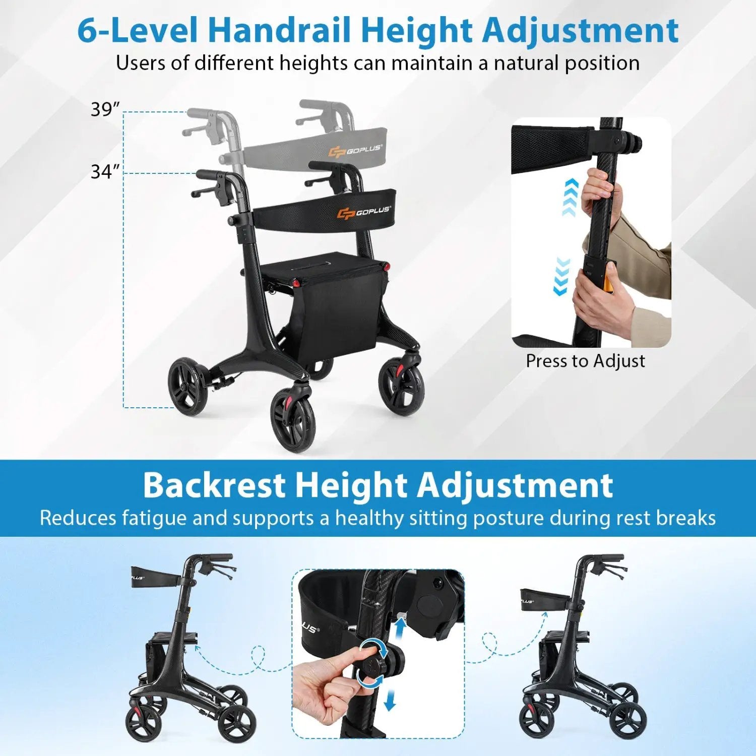 Foldable Rollator Rolling Walker with Seat for Seniors-Black by DirectDeals
