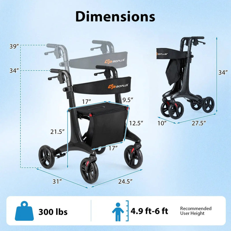 Foldable Rollator Rolling Walker with Seat for Seniors-Black by DirectDeals