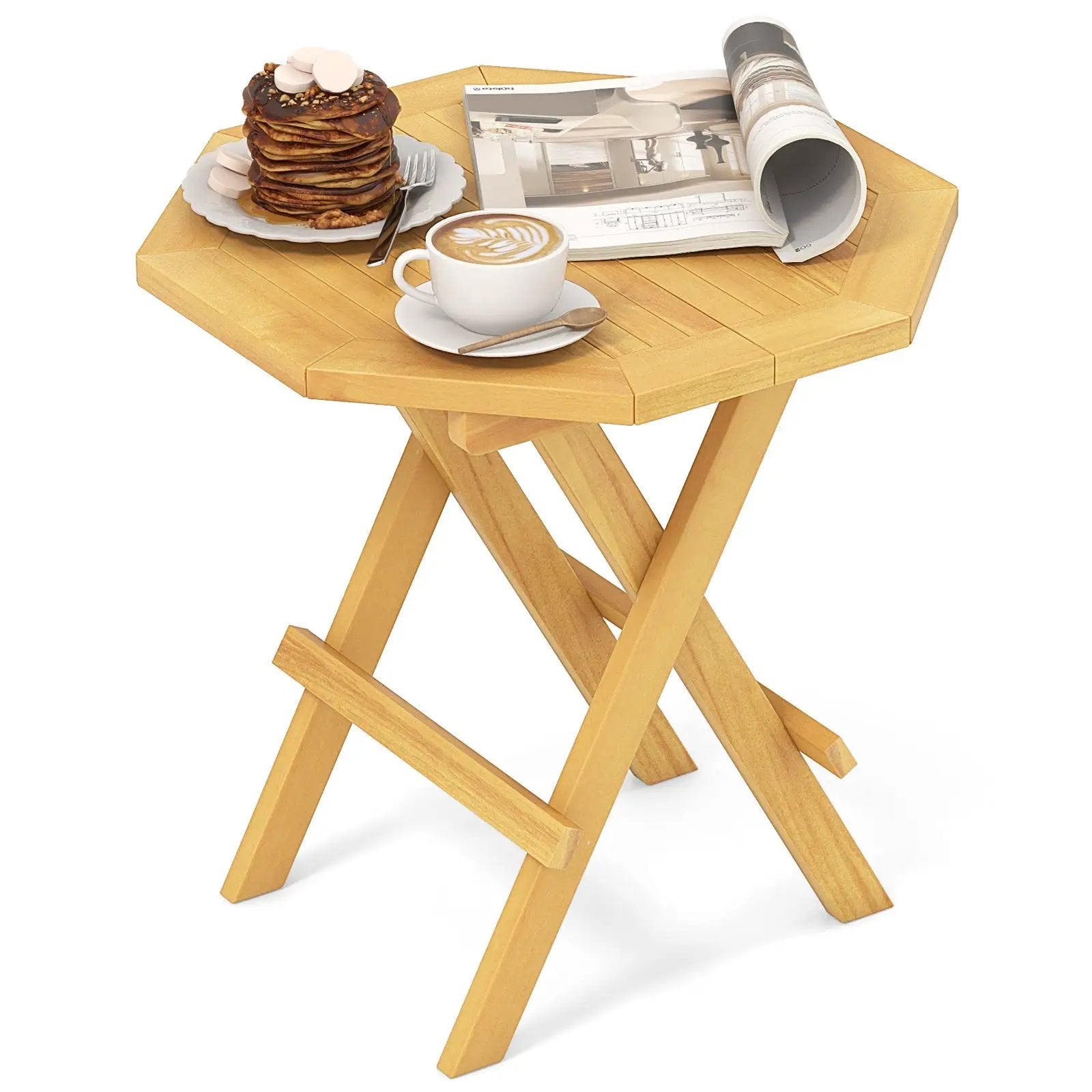 Teak Wood Octagon Coffee Table with X-shaped Legs and Slatted Tabletop by DirectDeals