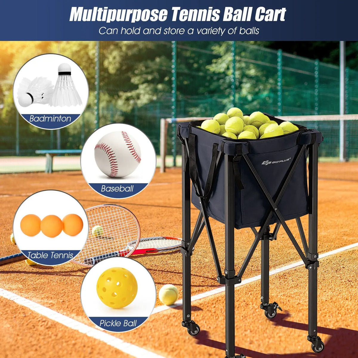 Lightweight Foldable Tennis Ball Teaching Cart with Wheels and Removable Bag by DirectDeals