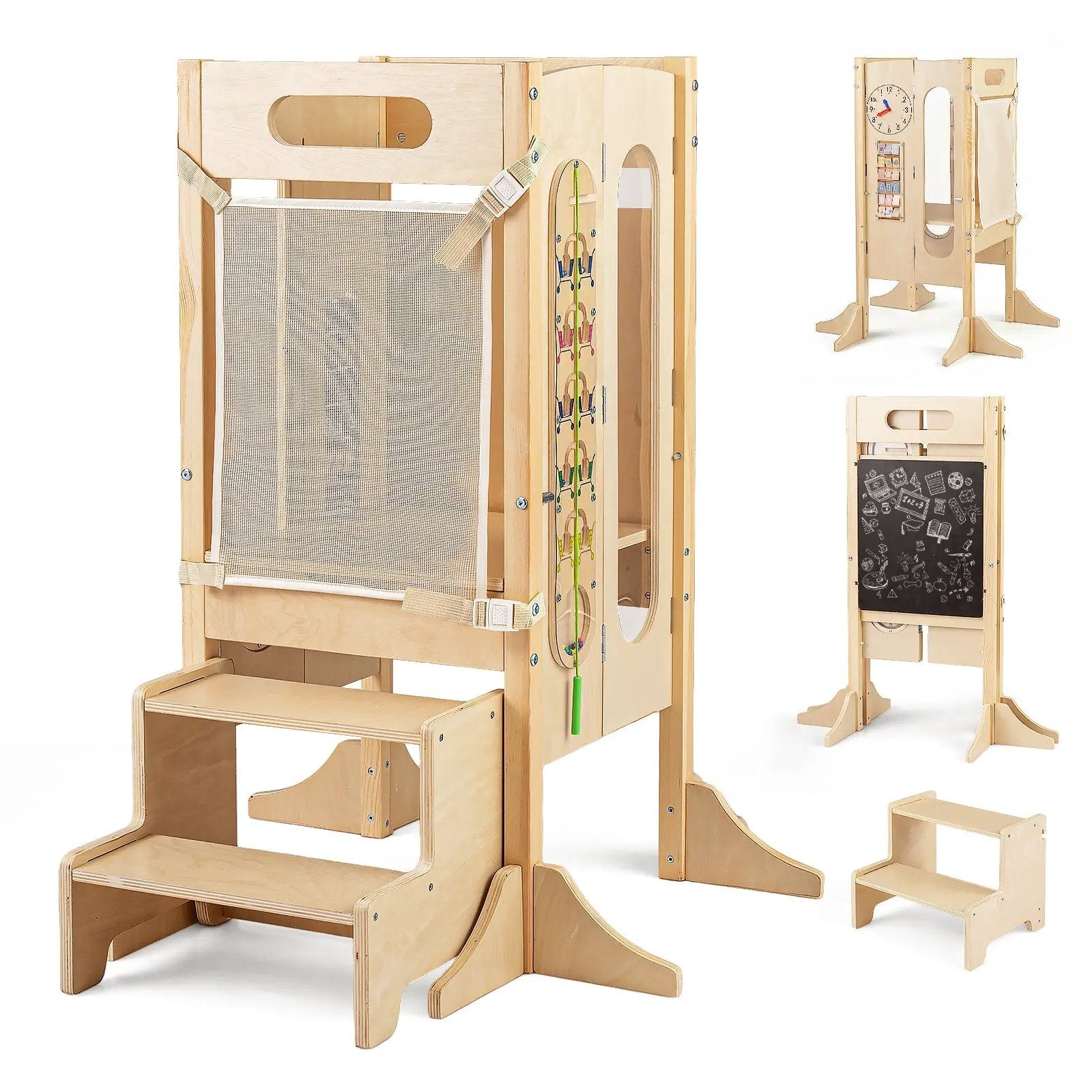 Foldable Toddler Tower with 2-Step Stool and Safety Net for 3+ Years Old by DirectDeals