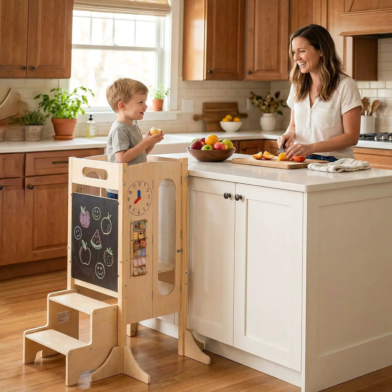Foldable Toddler Tower with 2-Step Stool and Safety Net for 3+ Years Old by DirectDeals