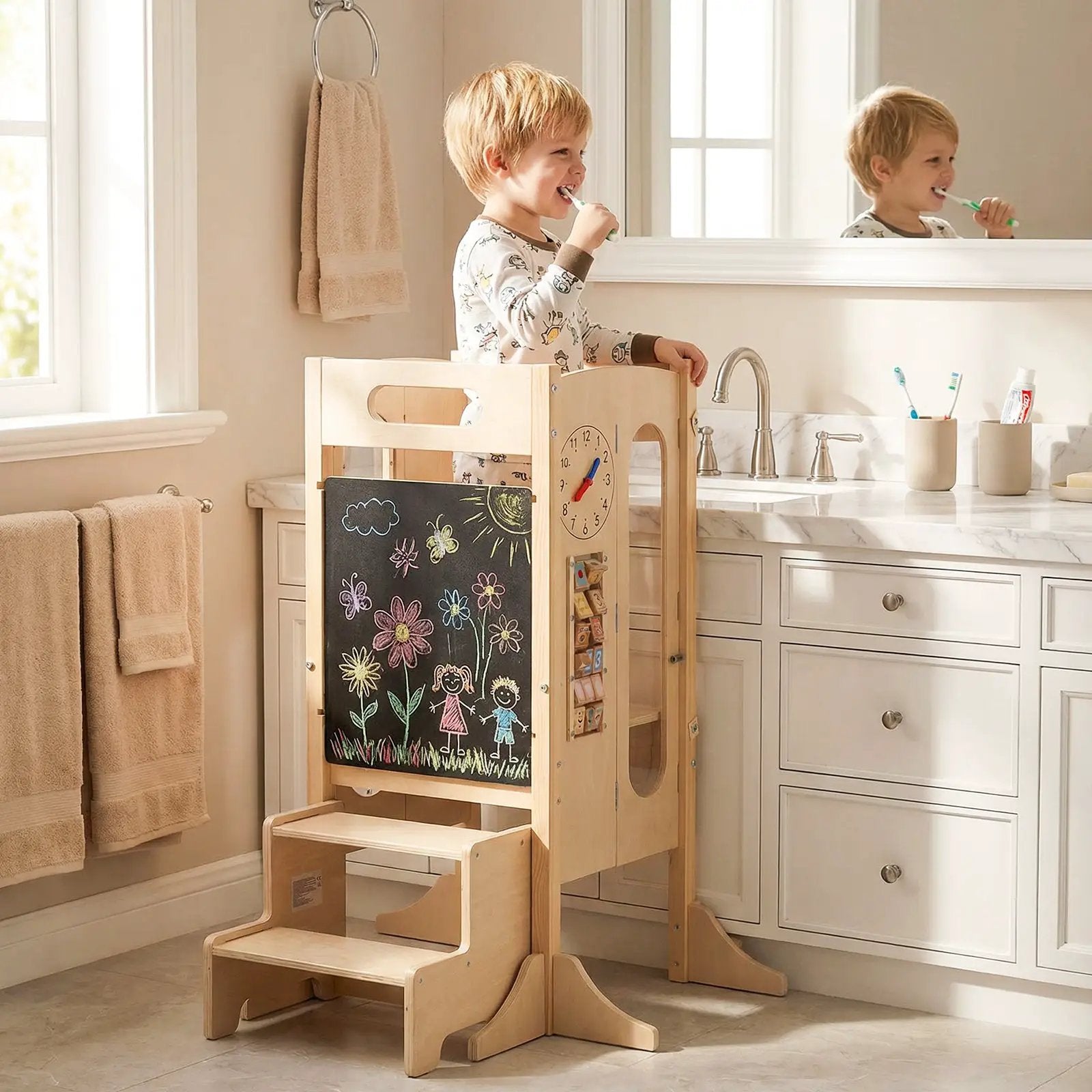 Foldable Toddler Tower with 2-Step Stool and Safety Net for 3+ Years Old by DirectDeals