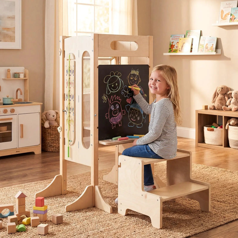 Foldable Toddler Tower with 2-Step Stool and Safety Net for 3+ Years Old by DirectDeals