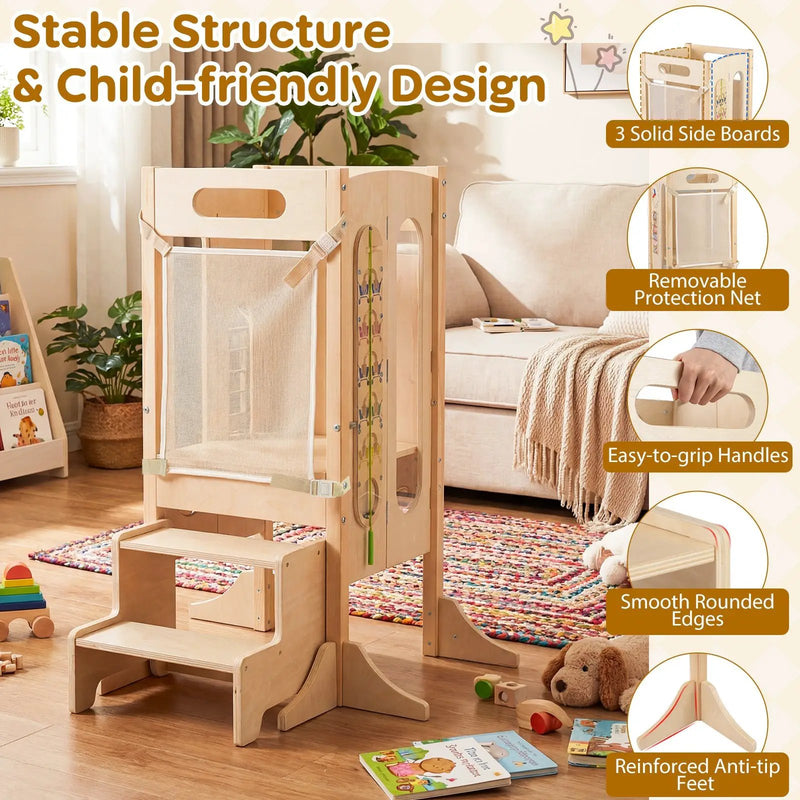 Foldable Toddler Tower with 2-Step Stool and Safety Net for 3+ Years Old by DirectDeals