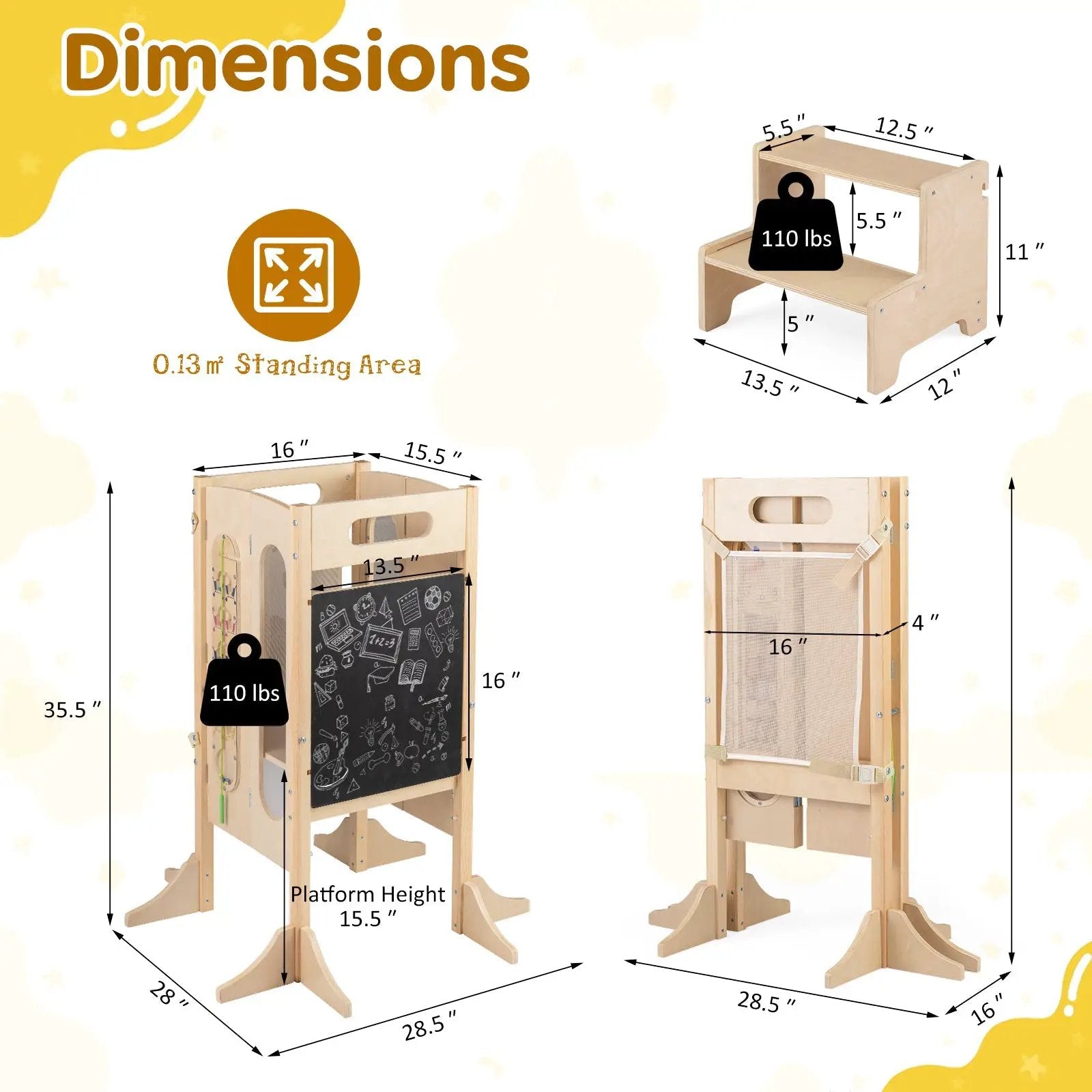 Foldable Toddler Tower with 2-Step Stool and Safety Net for 3+ Years Old by DirectDeals