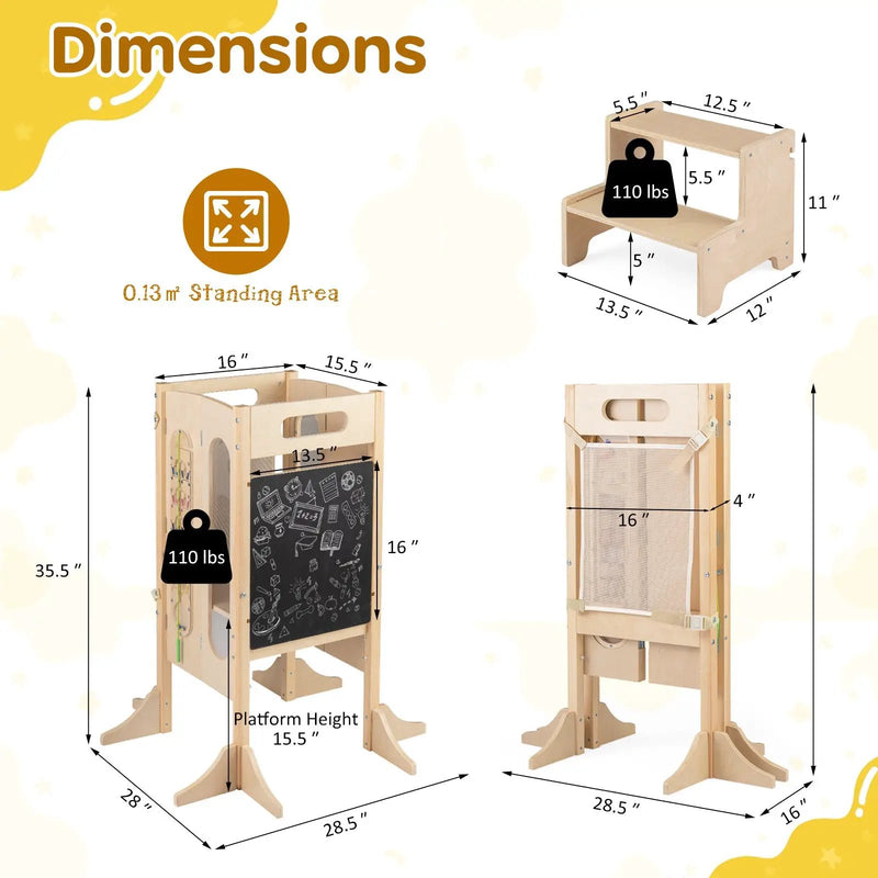 Foldable Toddler Tower with 2-Step Stool and Safety Net for 3+ Years Old by DirectDeals