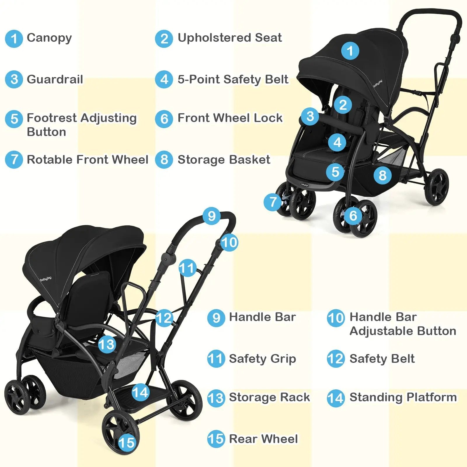 Foldable Twin Tandem Stroller Sit and Stand Double Stroller with Adjustable Handle Bar-Black by DirectDeals