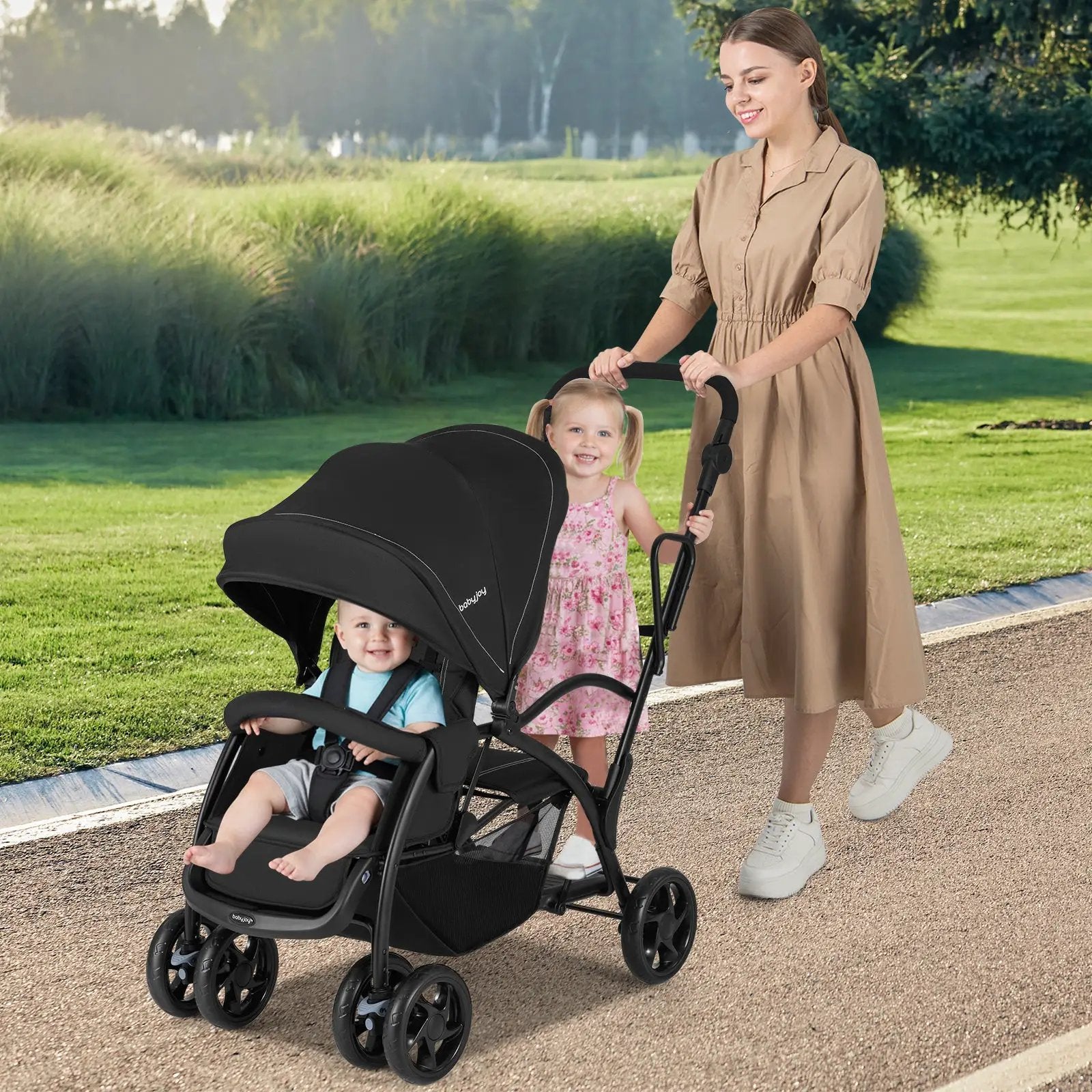 Foldable Twin Tandem Stroller Sit and Stand Double Stroller with Adjustable Handle Bar-Black by DirectDeals