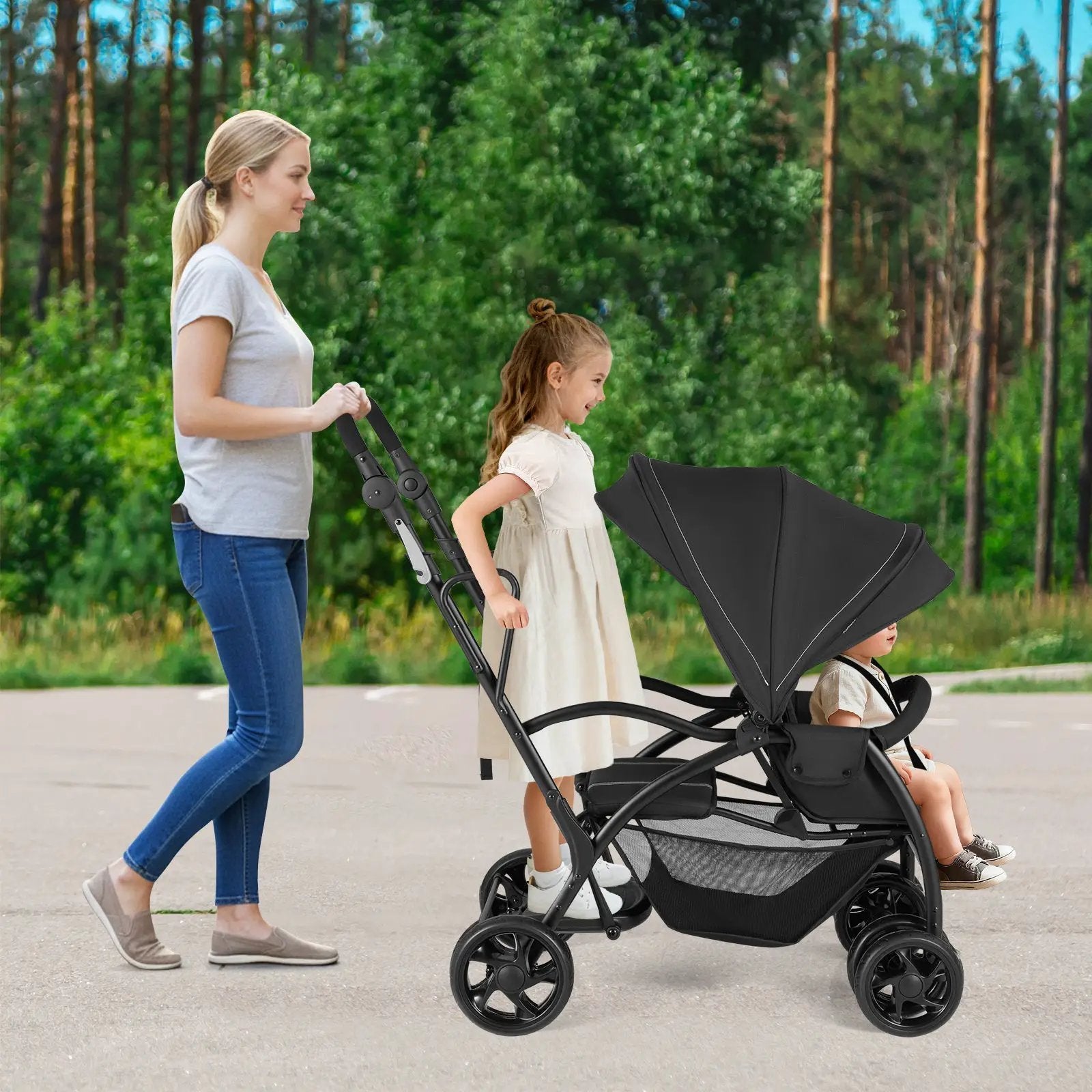 Foldable Twin Tandem Stroller Sit and Stand Double Stroller with Adjustable Handle Bar-Black by DirectDeals