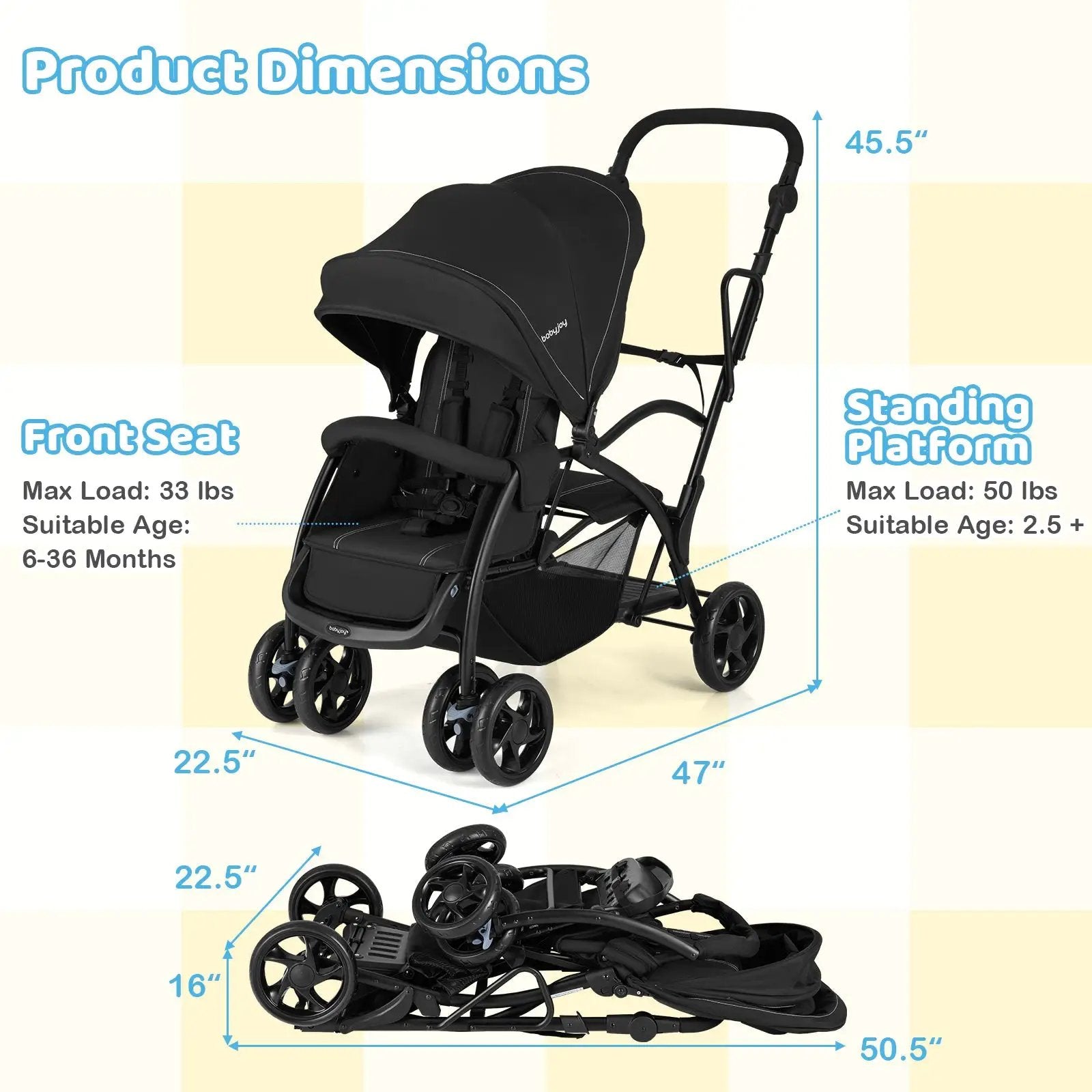 Foldable Twin Tandem Stroller Sit and Stand Double Stroller with Adjustable Handle Bar-Black by DirectDeals
