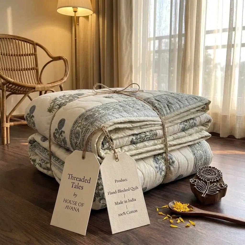 House of Avana Cream & Dusty Blue Floral Jaipur Indian Hand Block Print Quilted Comforter by House Of Avana