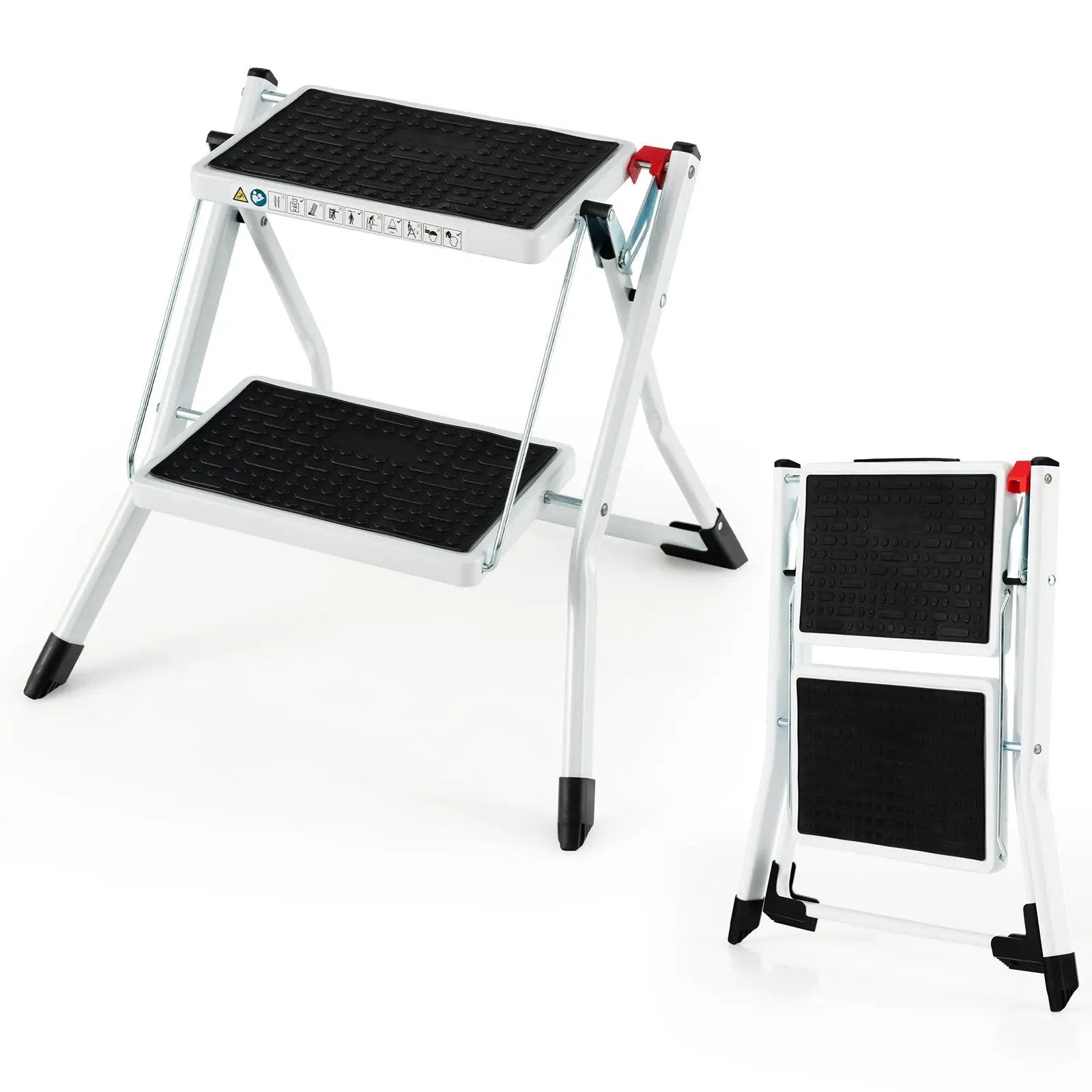 Folding 2 Step Ladder wiht Anti-Slip Pedal and Large Foot Pads-Black & White by DirectDeals