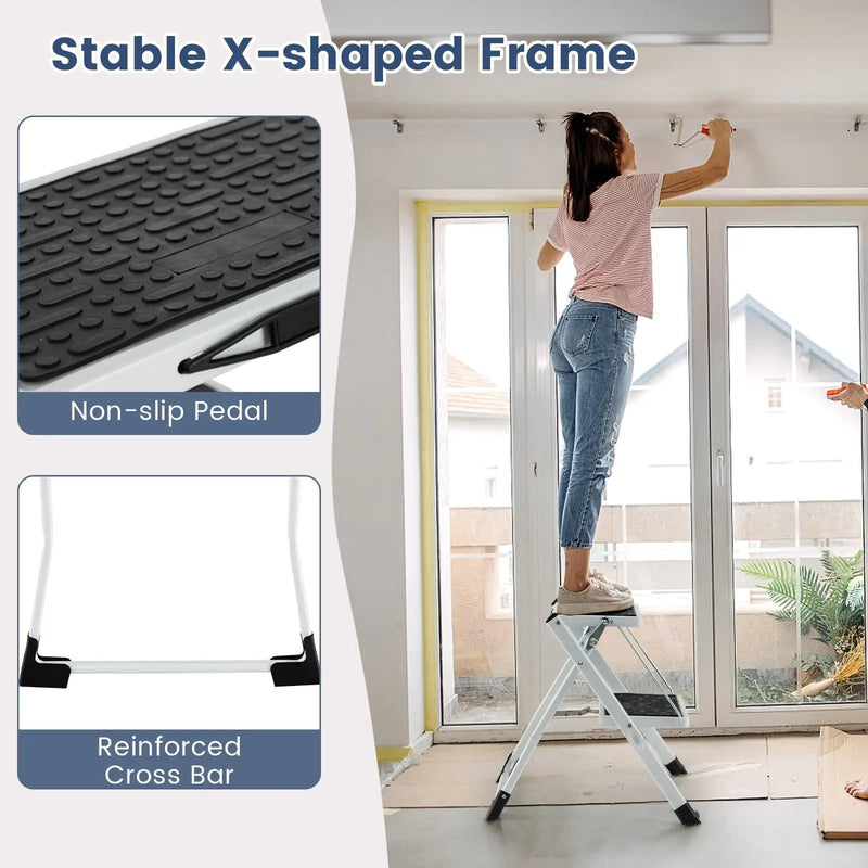 Folding 2 Step Ladder wiht Anti-Slip Pedal and Large Foot Pads-Black & White by DirectDeals
