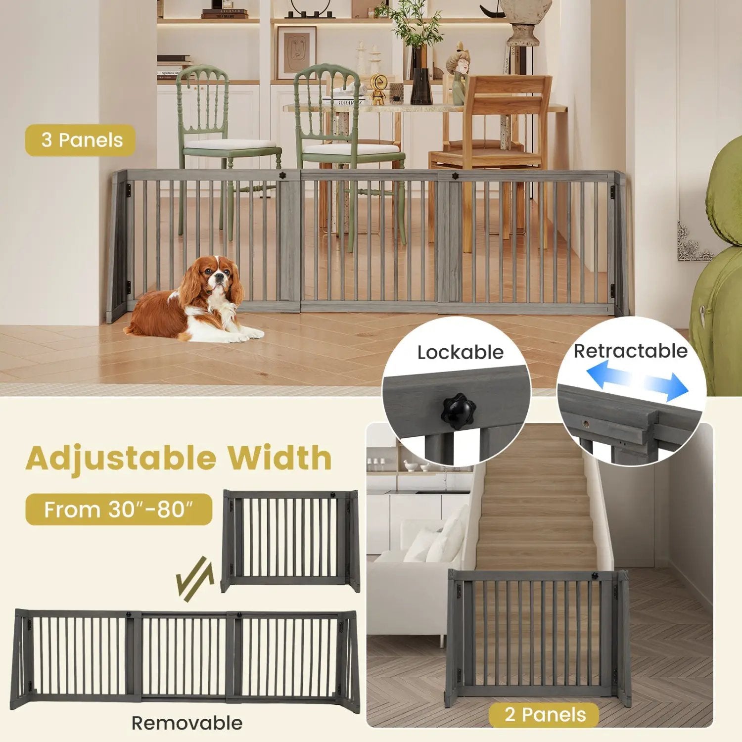 Adjustable 3-Panel Wood Pet Gate - Foldable Dog Fence by DirectDeals