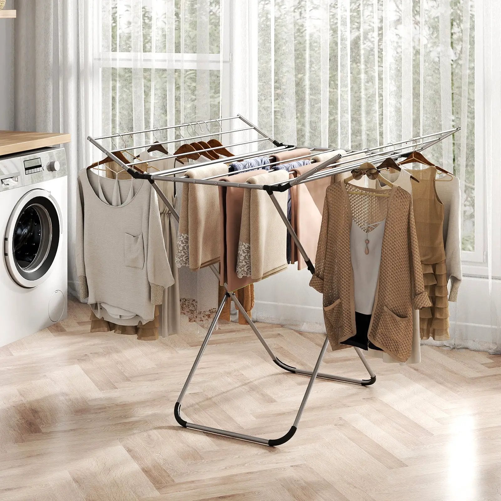 Folding Aluminum Clothes Drying Rack with 2 Side Wings by DirectDeals