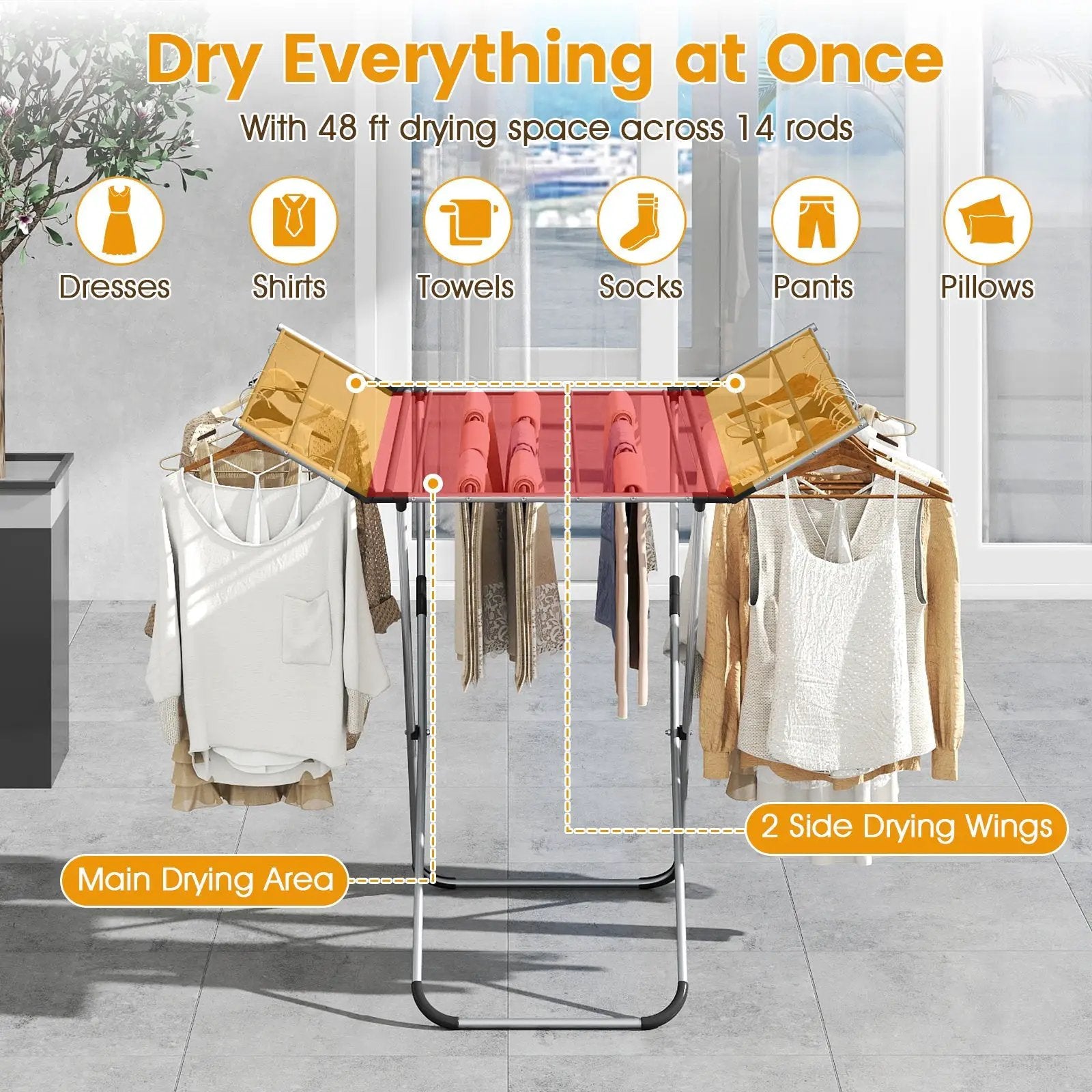 Folding Aluminum Clothes Drying Rack with 2 Side Wings by DirectDeals