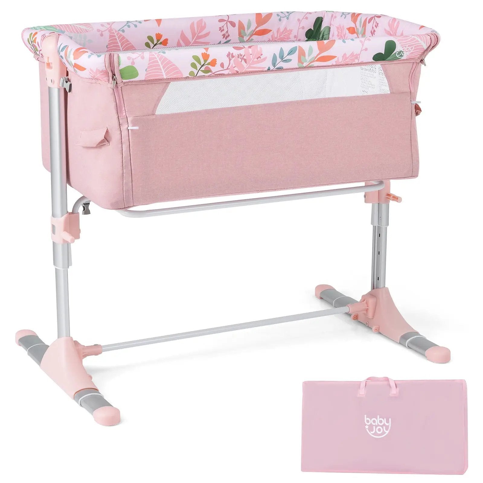Folding Baby Bassinet Bedside Sleeper with 4 Adjustable Heights-Pink by DirectDeals