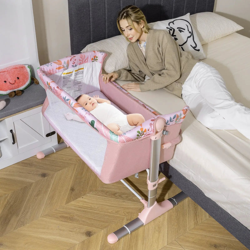 Folding Baby Bassinet Bedside Sleeper with 4 Adjustable Heights-Pink by DirectDeals