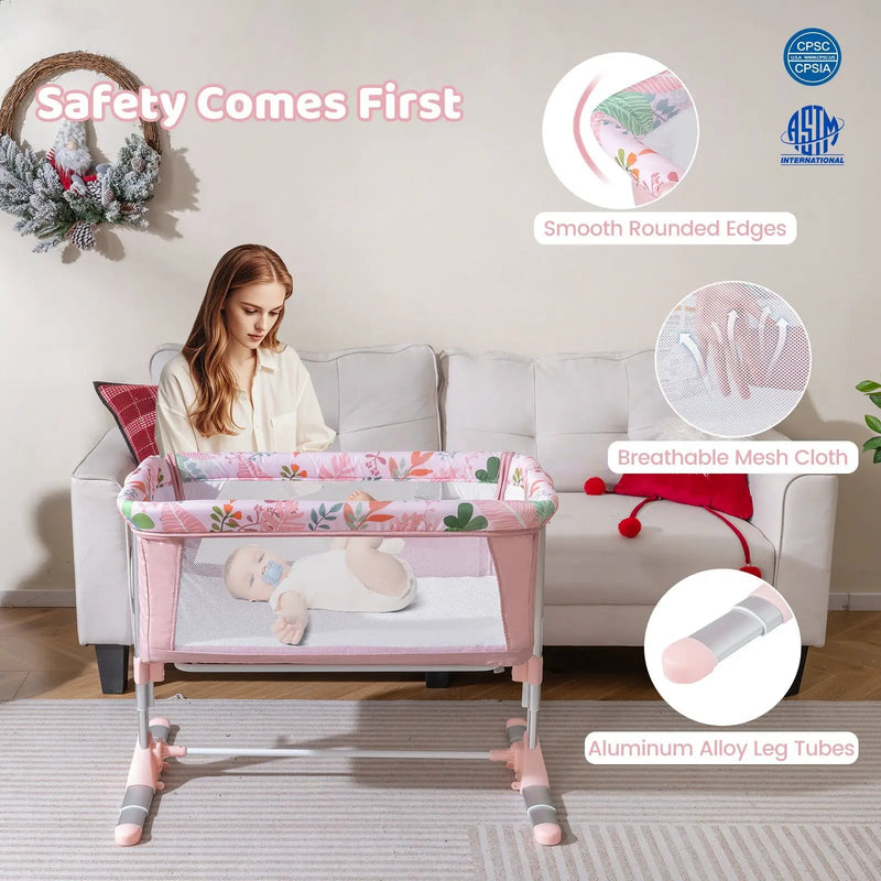 Folding Baby Bassinet Bedside Sleeper with 4 Adjustable Heights-Pink by DirectDeals