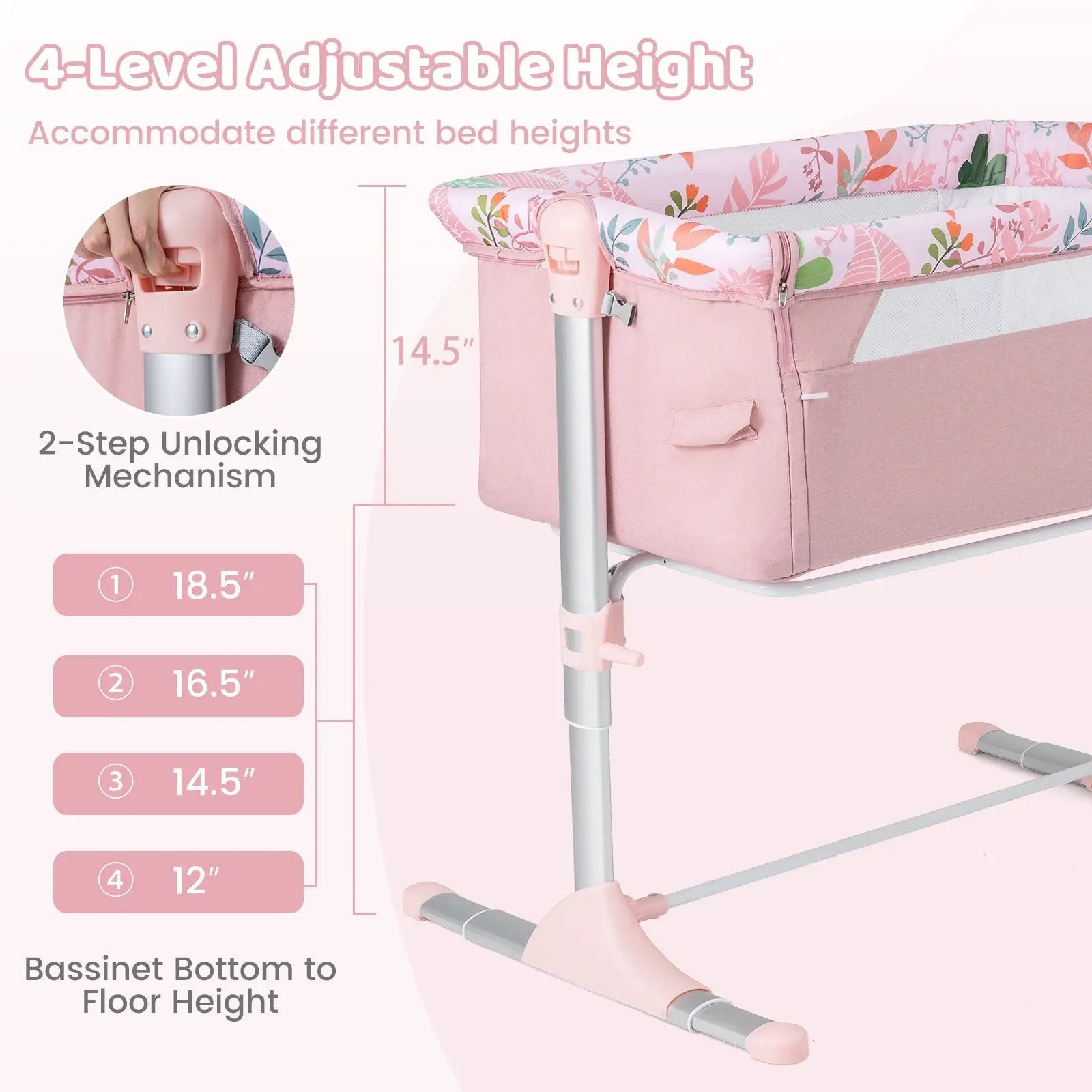 Folding Baby Bassinet Bedside Sleeper with 4 Adjustable Heights-Pink by DirectDeals