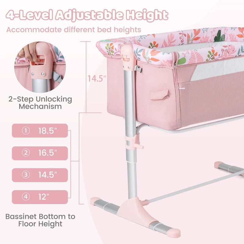 Folding Baby Bassinet Bedside Sleeper with 4 Adjustable Heights-Pink by DirectDeals