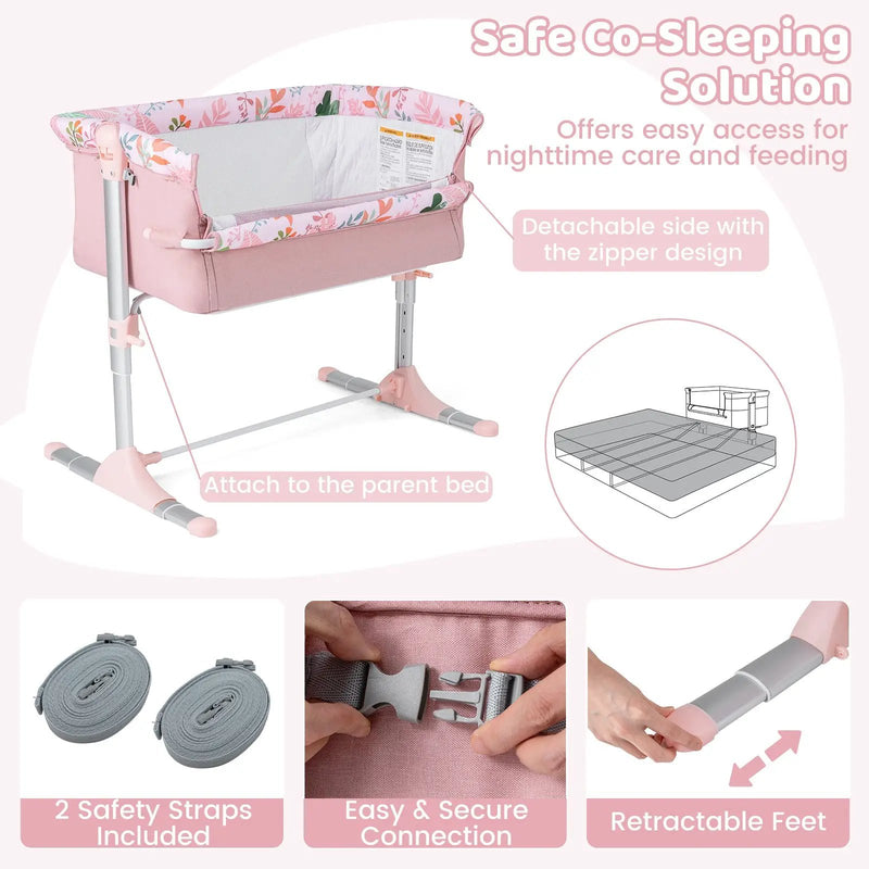 Folding Baby Bassinet Bedside Sleeper with 4 Adjustable Heights-Pink by DirectDeals