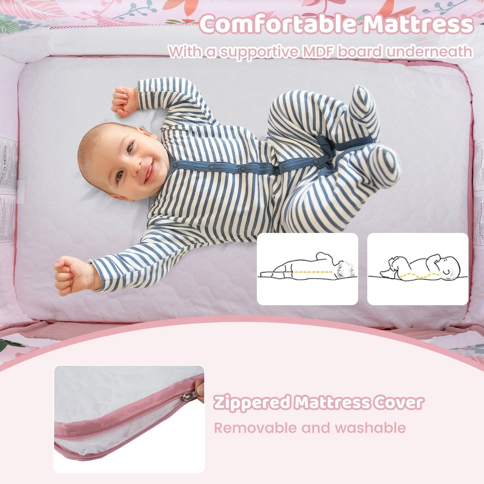 Folding Baby Bassinet Bedside Sleeper with 4 Adjustable Heights-Pink by DirectDeals