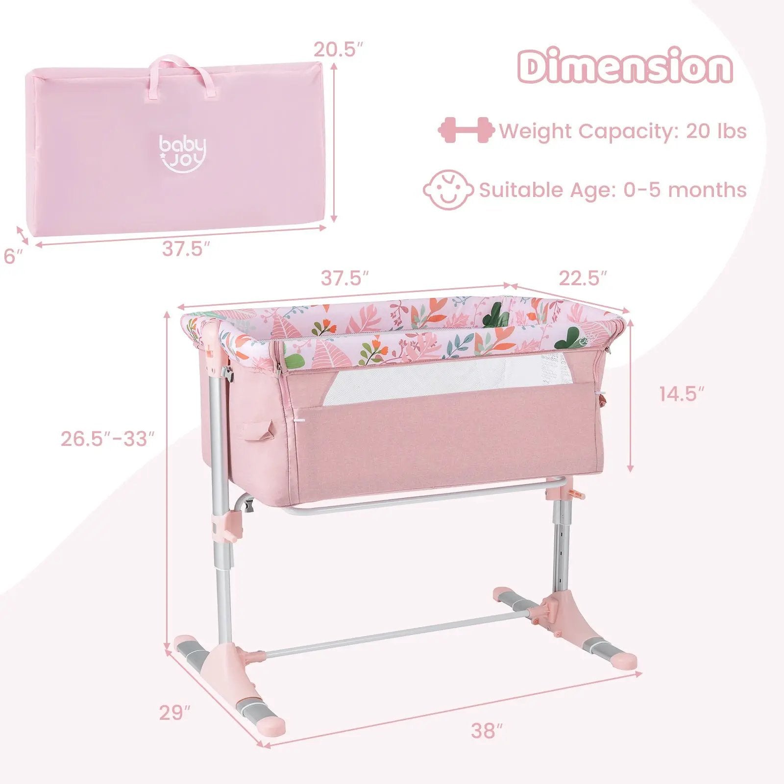 Folding Baby Bassinet Bedside Sleeper with 4 Adjustable Heights-Pink by DirectDeals