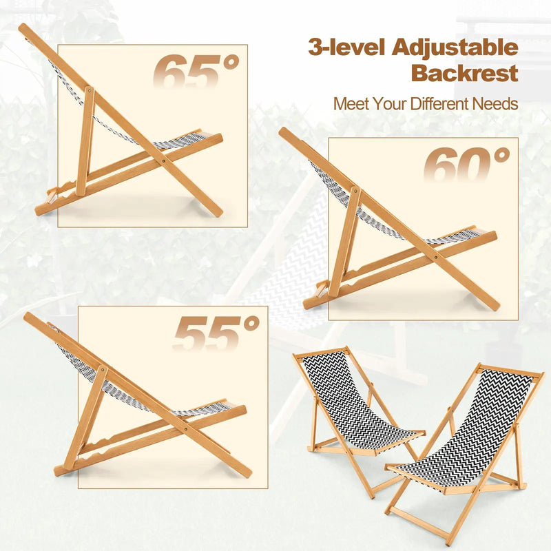 Folding Bamboo Sling Chair with Adjustable Backrest and Canvas-Natural by DirectDeals