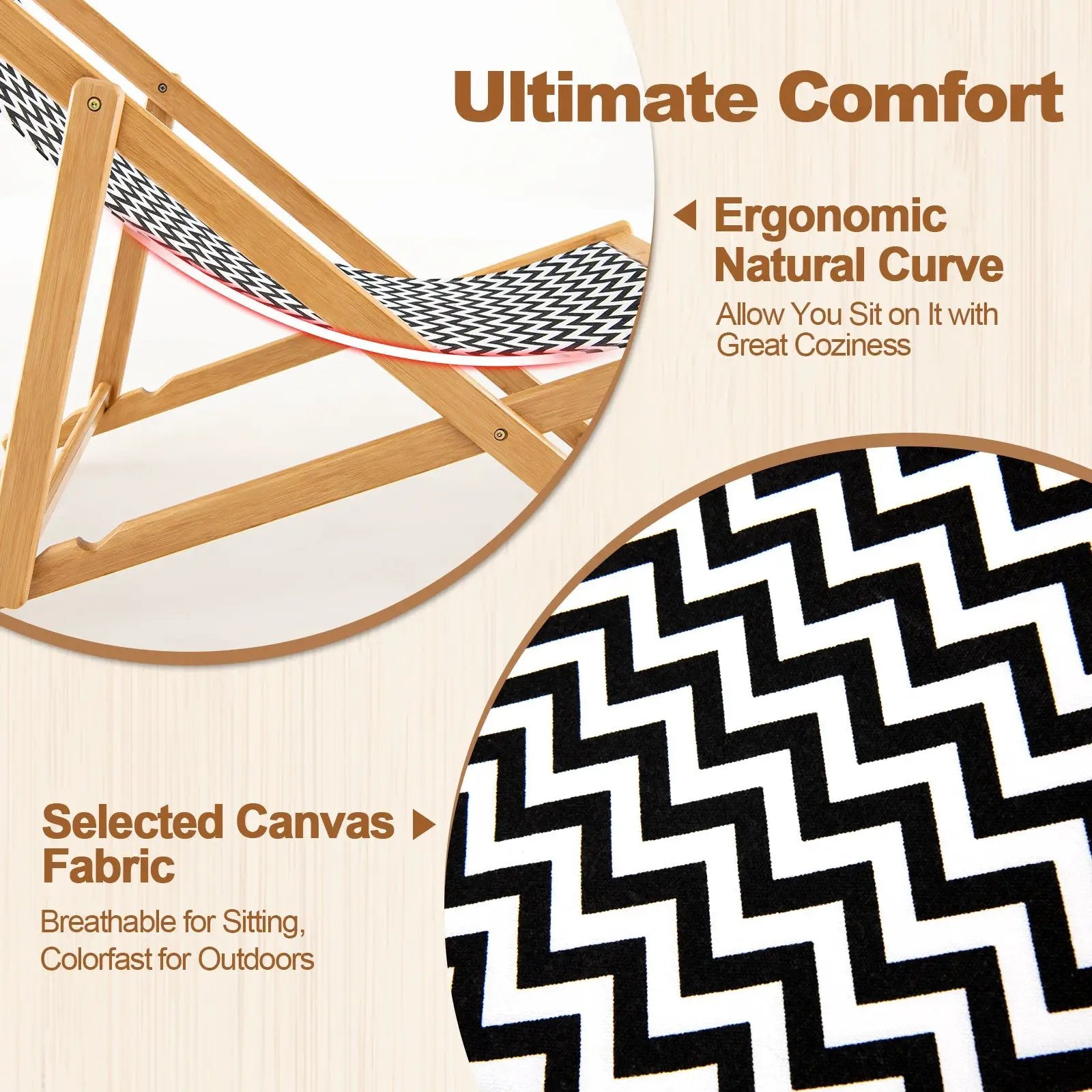 Folding Bamboo Sling Chair with Adjustable Backrest and Canvas-Natural by DirectDeals