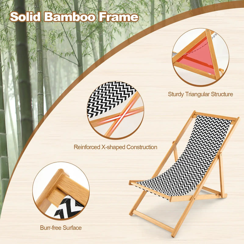 Folding Bamboo Sling Chair with Adjustable Backrest and Canvas-Natural by DirectDeals