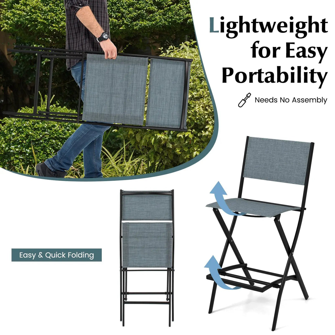 Folding Bar Stools Set of 2 Backrest Humanized Footrest by DirectDeals