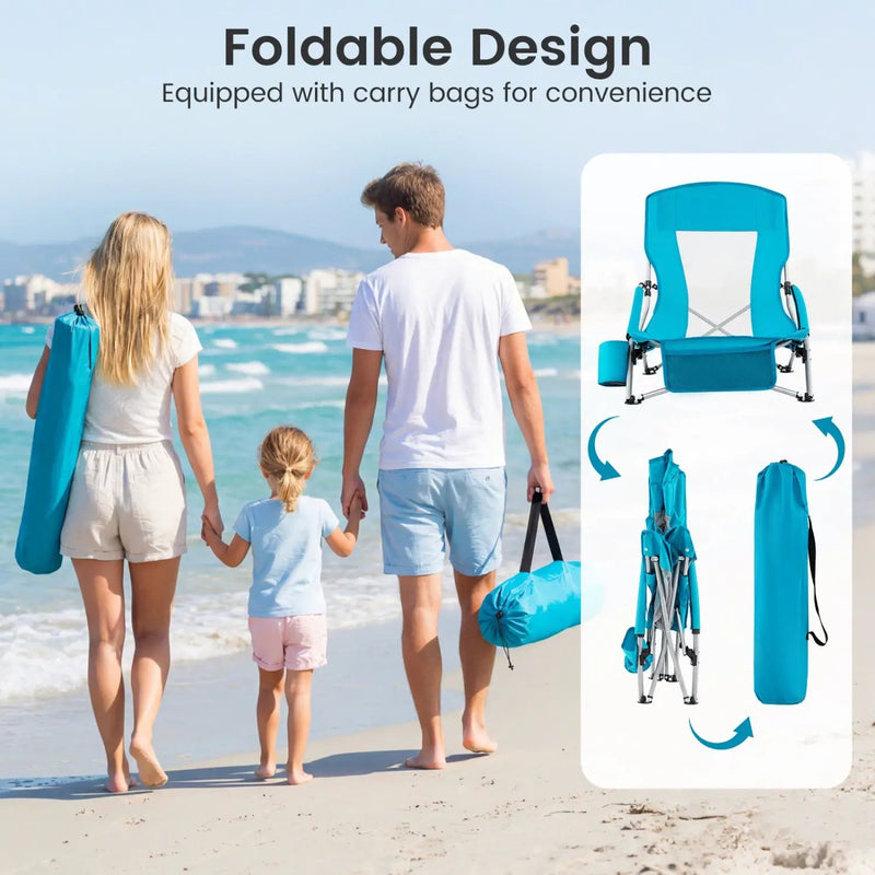 Folding Beach Chairs Set of 2 Portable Lightweight Low Seat Chairs with Padded Armrests by DirectDeals