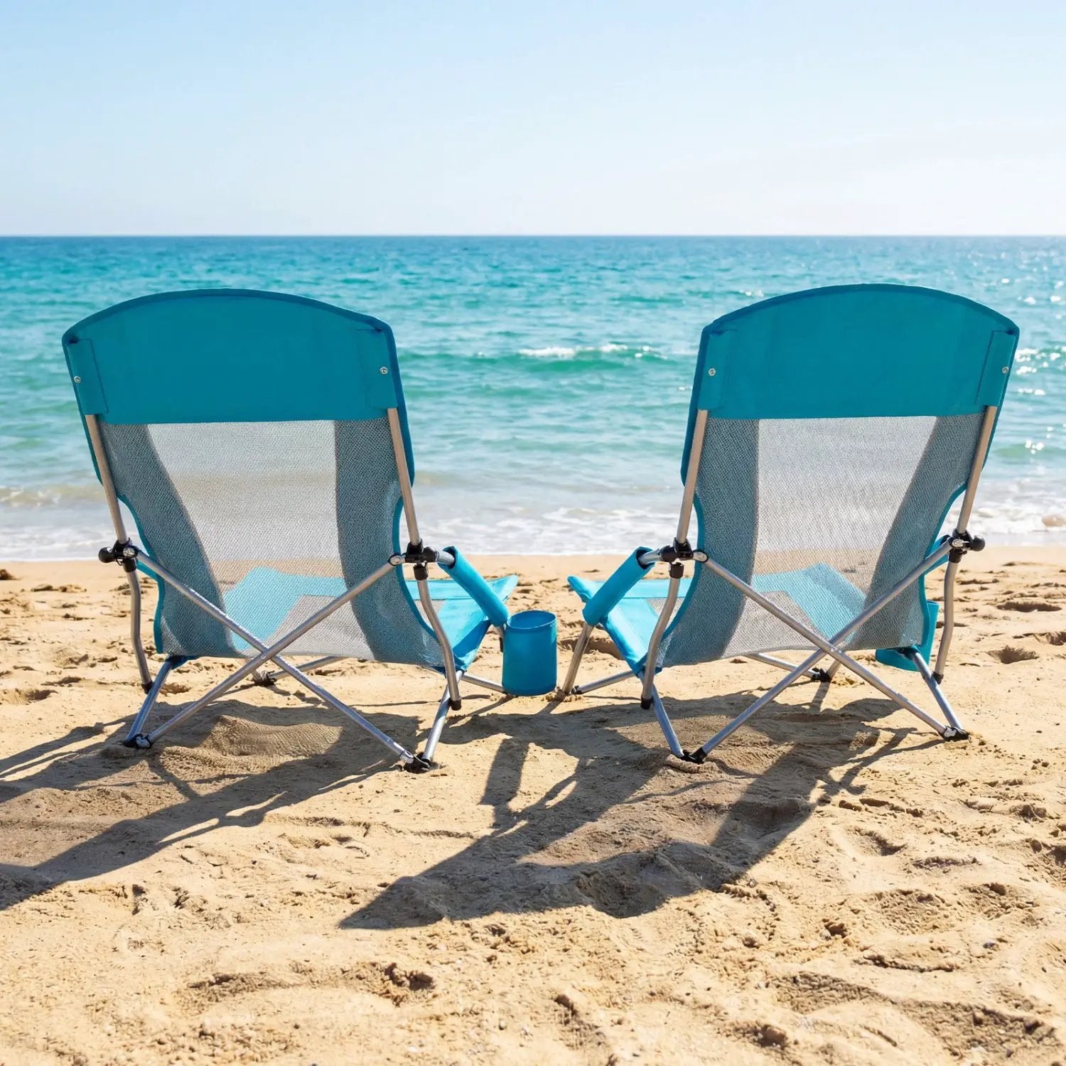 Folding Beach Chairs Set of 2 Portable Lightweight Low Seat Chairs with Padded Armrests by DirectDeals