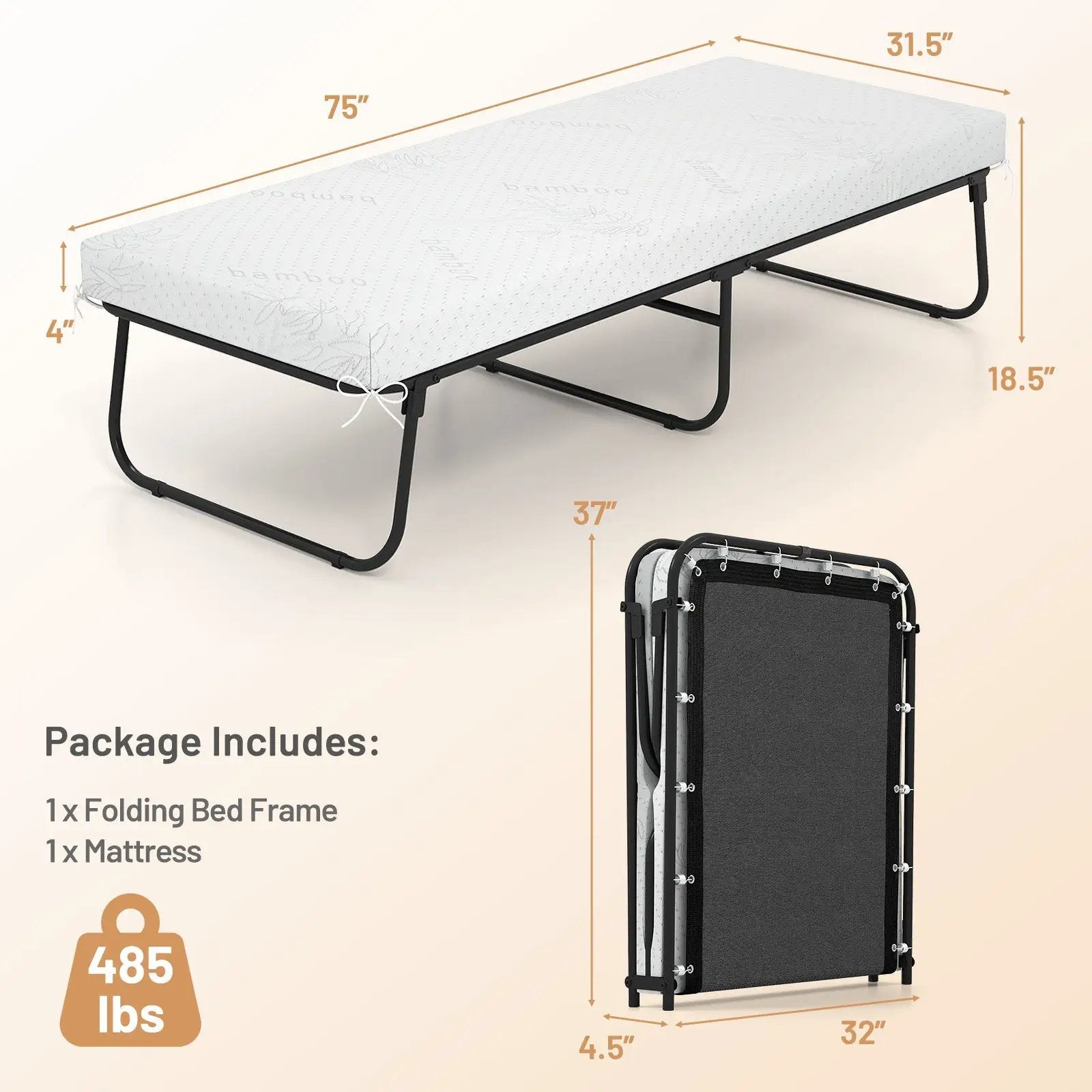 75 x 31 Inch Folding Bed with Mattress Cot Size with Memory Foam by DirectDeals