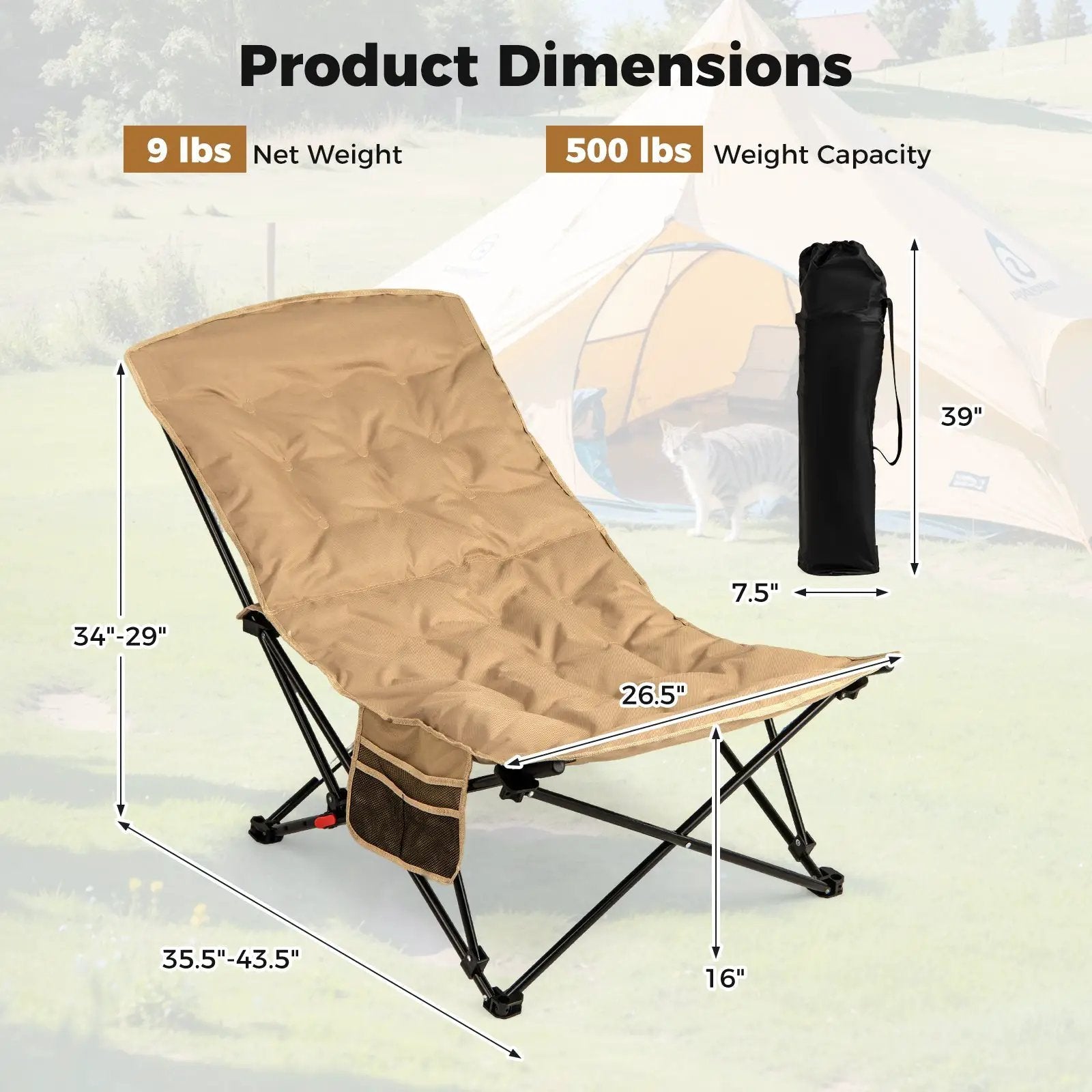 Folding Camping Chair for Adults with Adjustable Backrest and Carrying Bag-Khaki by DirectDeals